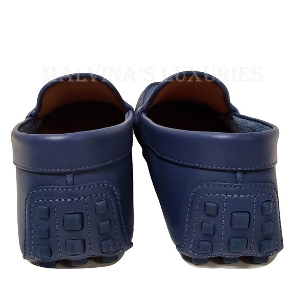 GUCCI SHOES MENS LOAFERS MOCCASINS G LOGO BLUE LEATHER - Picture 9 of 16